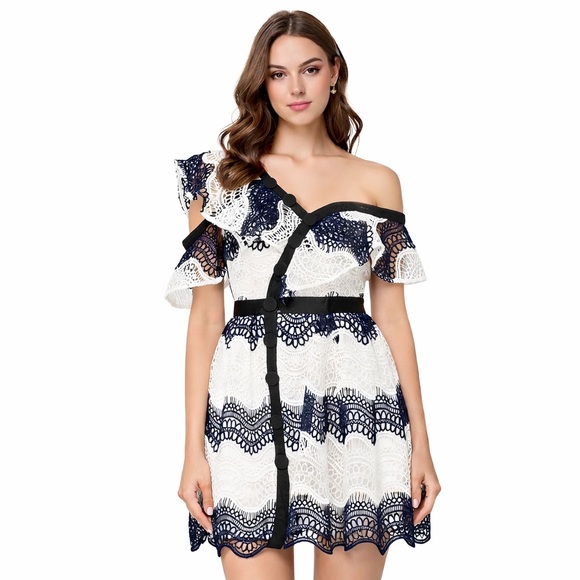 Self-Portrait Navy & White Lace Off-Shoulder Mini Dress UK 6 US 2 - Picture 1 of 9